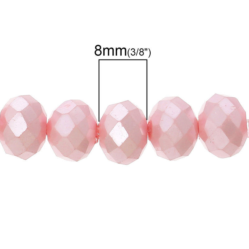 8mm x 6mm Metallic Pearl PASTEL PINK Opaque Crystal Glass Faceted Rondelle Beads . double strand, about 144 beads, bgl1237