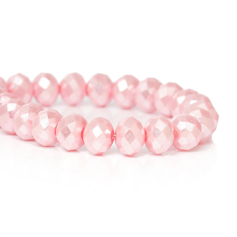 8mm x 6mm Metallic Pearl PASTEL PINK Opaque Crystal Glass Faceted Rondelle Beads . double strand, about 144 beads, bgl1237