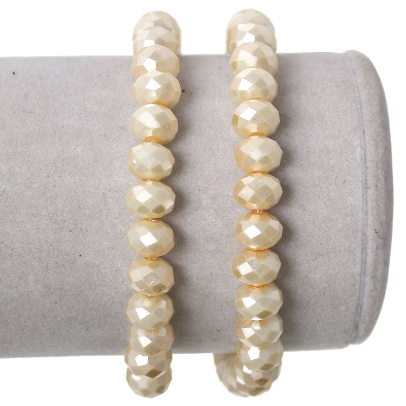 8mm x 6mm Metallic Pearl CREAM OFF-WHITE Opaque Crystal Glass Faceted Rondelle Beads . double strand, about 144 beads, bgl1238