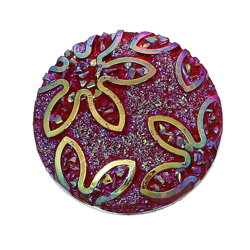 10 Round Resin Faux DRUZY Cabochons, 25mm, 1"  metallic red and gold foil flower pattern, cab0329a