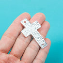 2 Large Bright Silver Sideways Cross Connector Links, hammered metal . 50x29mm. CHS0050