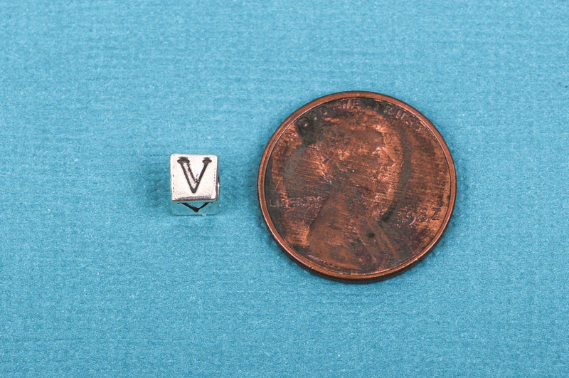 Alphabet LETTER V Sterling Silver Alphabet Block Bead, Square Cube, 5.5mm, pms0298