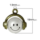 4 Bronze HAPPY FACE Smiley Face Charm Pendants, antiqued bronze metal, moveable, pearl rotates, faux pearl, chb0383