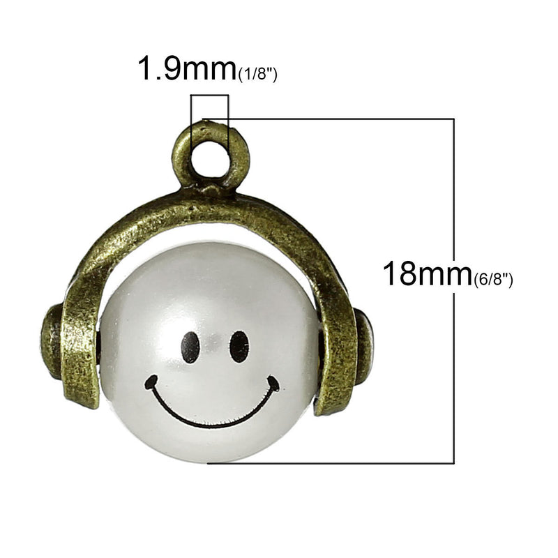 4 Bronze HAPPY FACE Smiley Face Charm Pendants, antiqued bronze metal, moveable, pearl rotates, faux pearl, chb0383