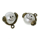 4 Bronze HAPPY FACE Smiley Face Charm Pendants, antiqued bronze metal, moveable, pearl rotates, faux pearl, chb0383