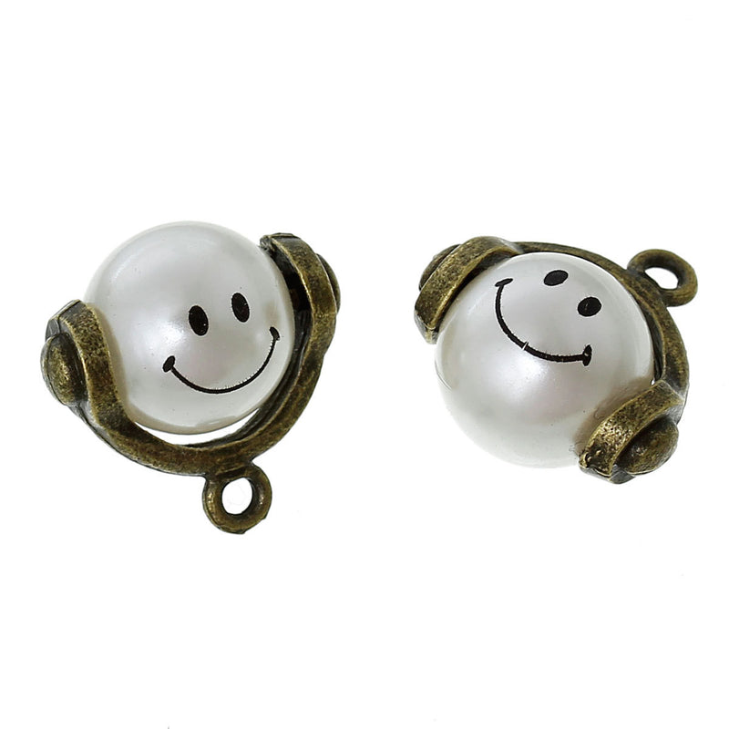 4 Bronze HAPPY FACE Smiley Face Charm Pendants, antiqued bronze metal, moveable, pearl rotates, faux pearl, chb0383