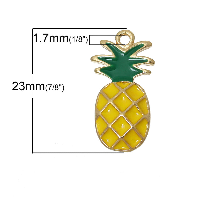 4 PINEAPPLE Charm Pendants, Yellow and Green enamel and GOLD plating, gold charms, symbol of hospitality, chg0272