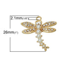 2 Gold DRAGONFLY Charm Pendants, faux pearls and crystals, 1" long chg0271