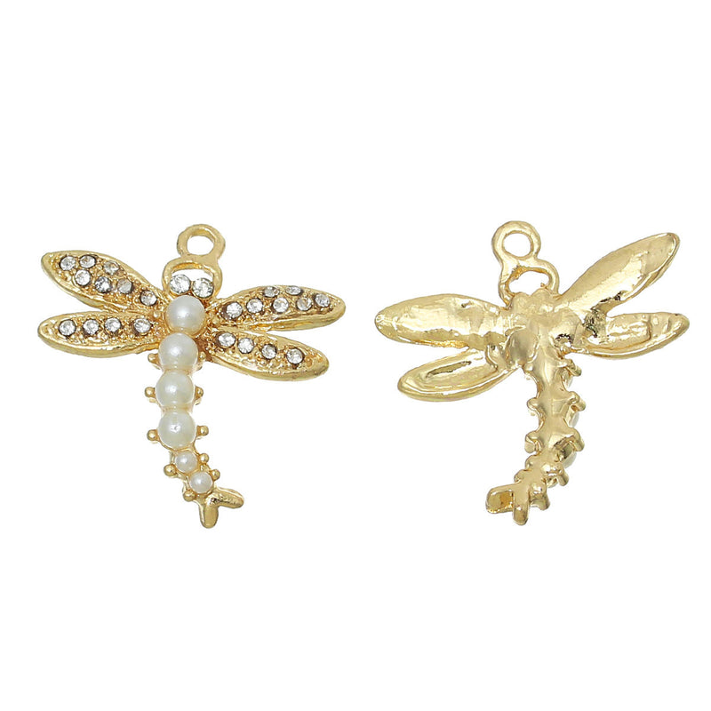 2 Gold DRAGONFLY Charm Pendants, faux pearls and crystals, 1" long chg0271