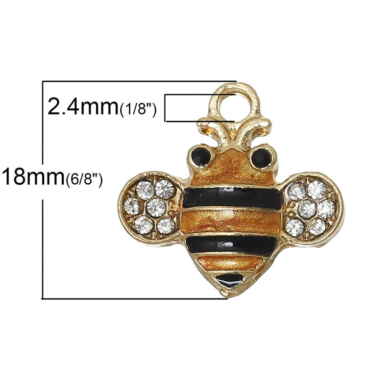 2 Gold BEE Charm Pendants, enamel and rhinestone crystals, bumblebee charm, honey bee charm, chg0279
