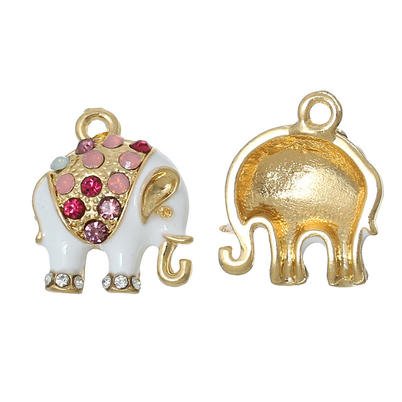 2 Gold ELEPHANT Charm Pendants, enamel and rhinestone crystals, chg0277
