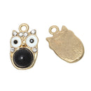 2 Gold OWL Charm Pendants, enamel and rhinestone crystals, chg0276
