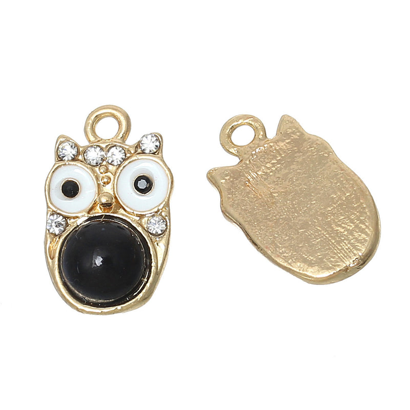 2 Gold OWL Charm Pendants, enamel and rhinestone crystals, chg0276