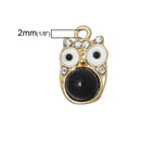 2 Gold OWL Charm Pendants, enamel and rhinestone crystals, chg0276