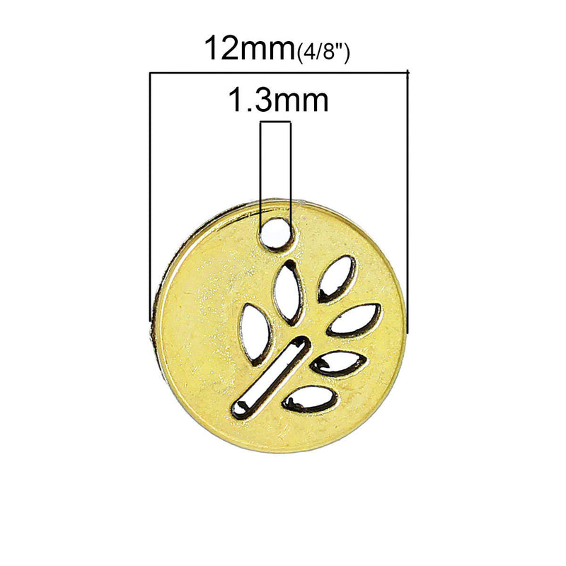 10 Gold Tone TREE Cutout Disc Circle Round Charm Pendants, 1/2"  chg0269a