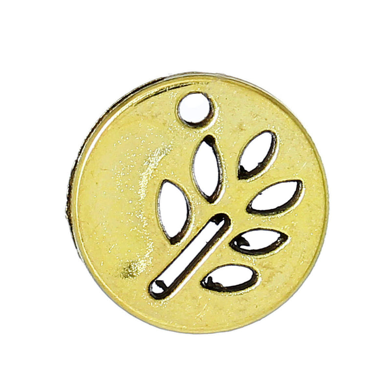 50 Gold Tone TREE Cutout Disc Circle Round Charm Pendants, 1/2"  BULK, chg0269b