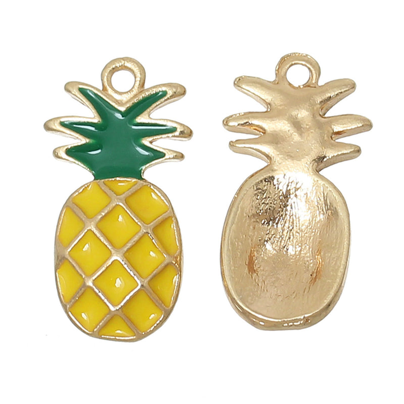 4 PINEAPPLE Charm Pendants, Yellow and Green enamel and GOLD plating, gold charms, symbol of hospitality, chg0272