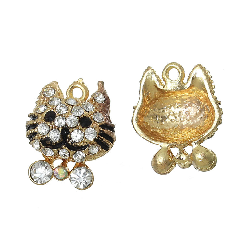 2 Gold CAT Charm Pendants, enamel and rhinestone crystals, kitty cat charm, kitten charm, chg0280