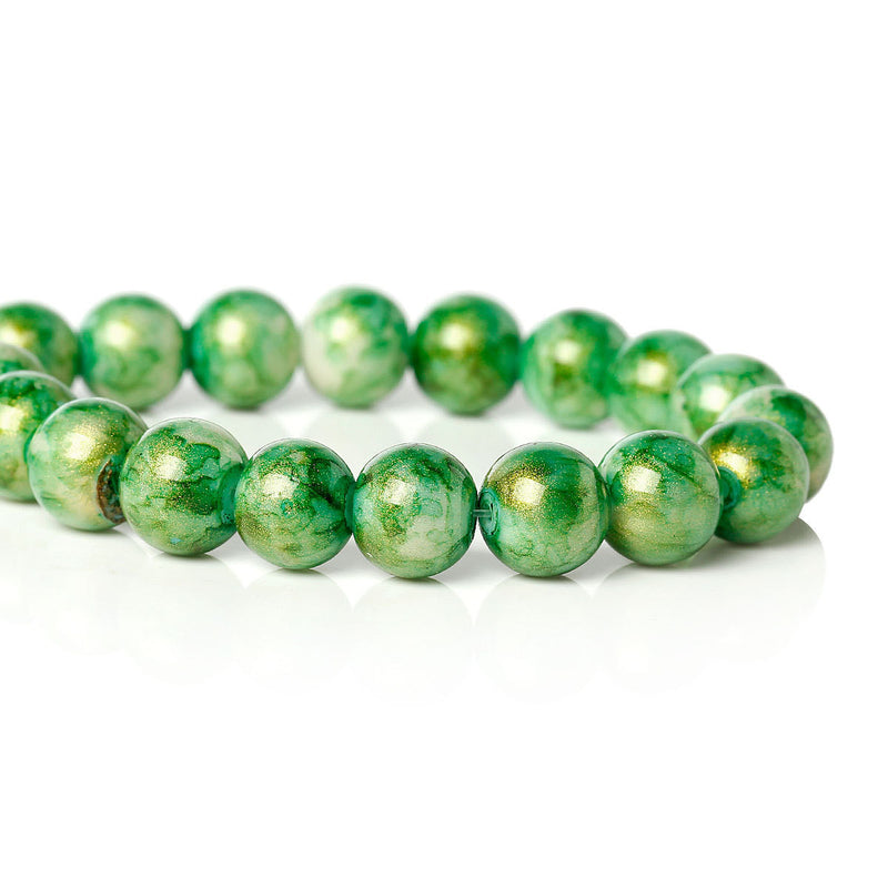 10mm Round Glass Beads, GREEN MARBLE glitter with a gold sheen, double strand, about 84 beads  bgl1244
