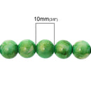10mm Round Glass Beads, GREEN MARBLE glitter with a gold sheen, double strand, about 84 beads  bgl1244