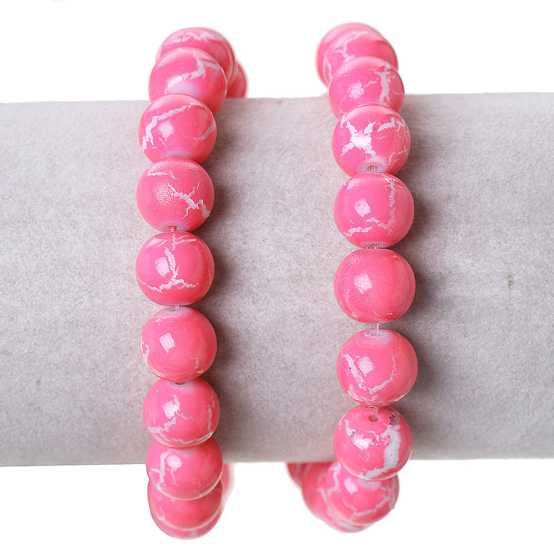 10mm Round Glass Beads, BRIGHT PINK MARBLE Crackle pattern, double strand, about 82 beads  bgl1245