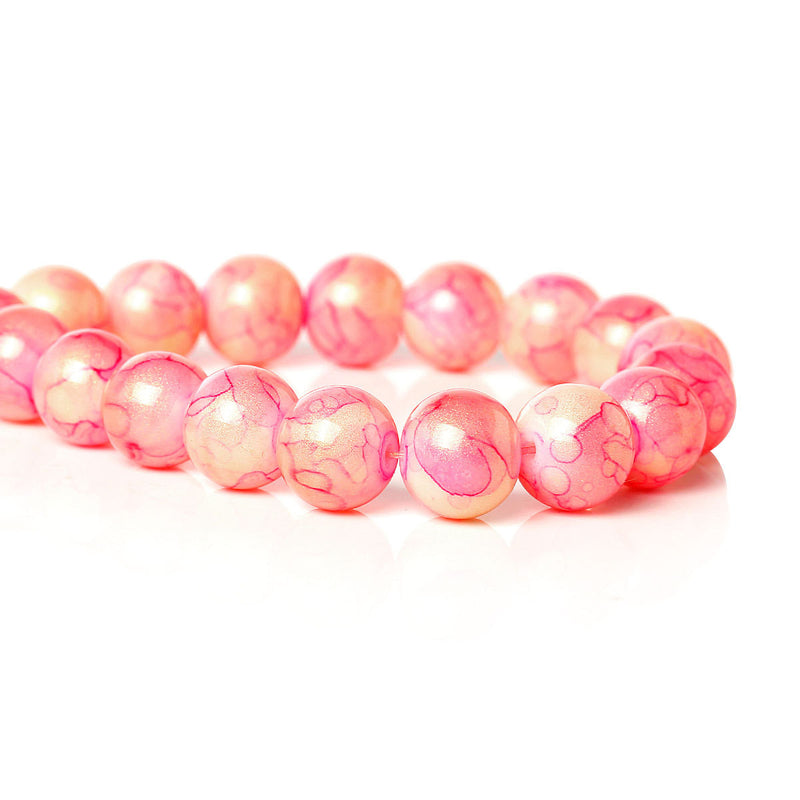 10mm Round Glass Beads, PINK MARBLE glitter with a gold sheen, double strand, about 84 beads  bgl1250