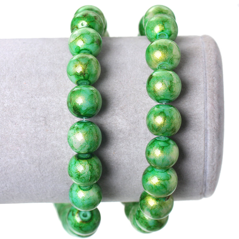 10mm Round Glass Beads, GREEN MARBLE glitter with a gold sheen, double strand, about 84 beads  bgl1244