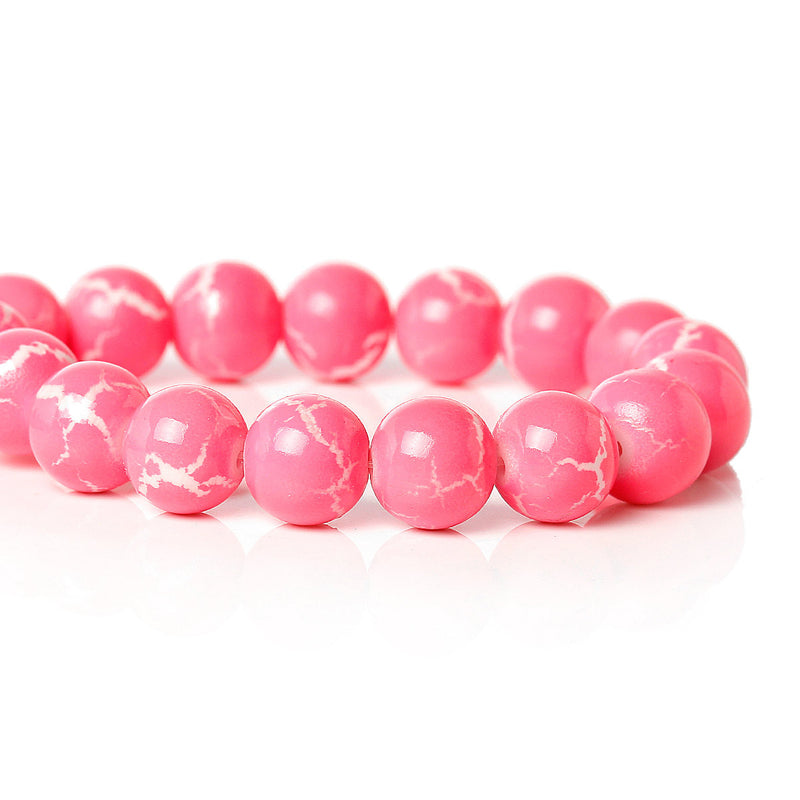 10mm Round Glass Beads, BRIGHT PINK MARBLE Crackle pattern, double strand, about 82 beads  bgl1245
