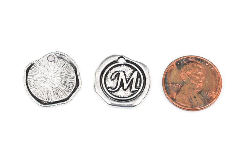 6 Letter M Wax Seal Charms, Monogram Initial Alphabet Stamped, antique silver metal,  18mm, 3/4" diameter chs1932