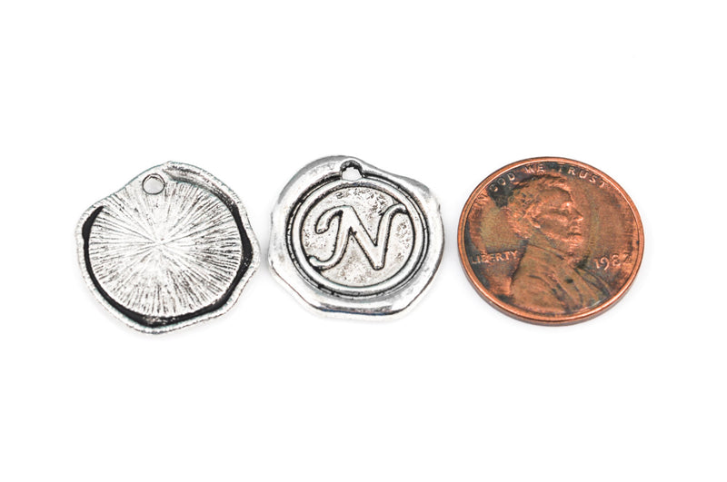 6 Letter N Wax Seal Charms, Monogram Initial Alphabet Stamped, antique silver metal,  18mm, 3/4" diameter chs1933