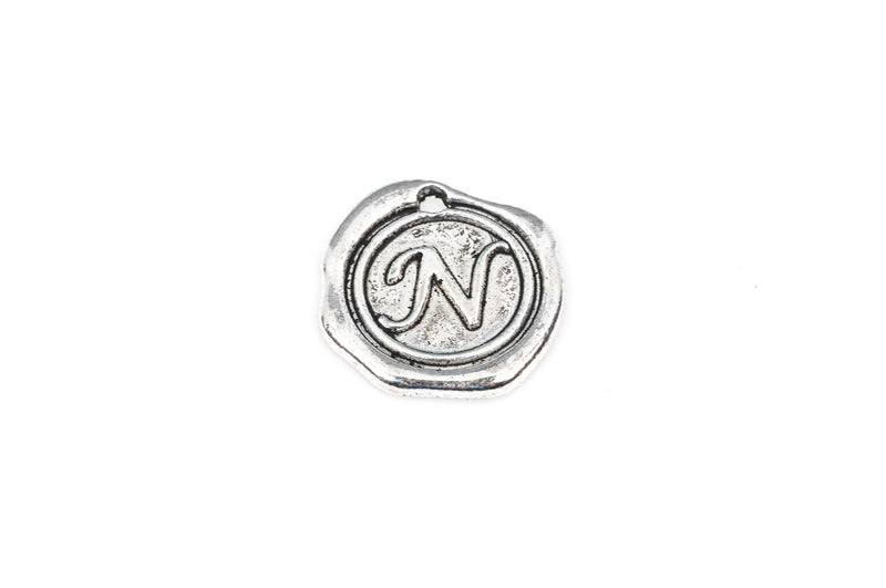 6 Letter N Wax Seal Charms, Monogram Initial Alphabet Stamped, antique silver metal,  18mm, 3/4" diameter chs1933