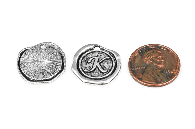 6 Letter K Wax Seal Charms, Monogram Initial Alphabet Stamped, antique silver metal,  18mm, 3/4" diameter chs1930