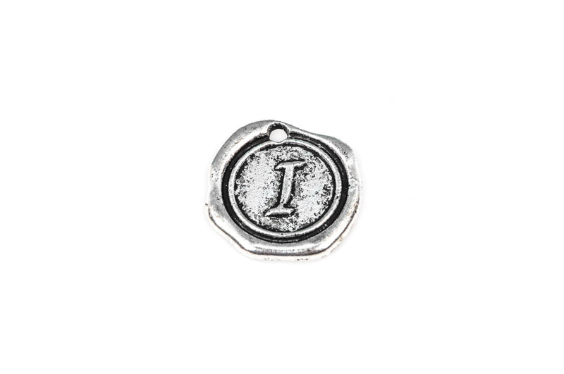 6 Letter I Wax Seal Charms, Monogram Initial Alphabet Stamped, antique silver metal,  18mm, 3/4" diameter chs1928