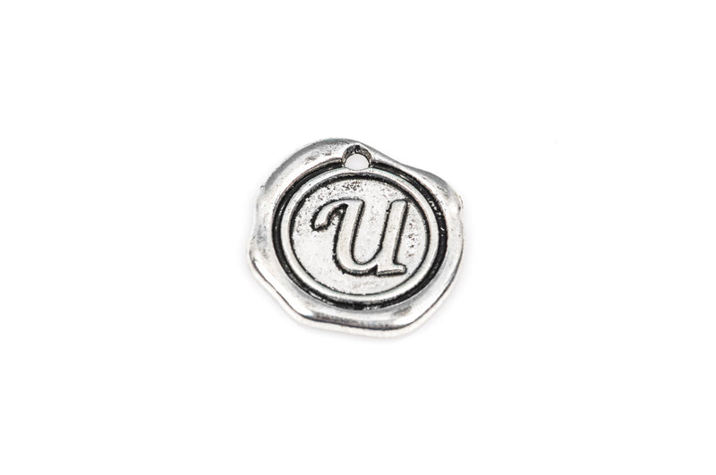 6 Letter U Wax Seal Charms, Monogram Initial Alphabet Stamped, antique silver metal,  18mm, 3/4" diameter chs1940