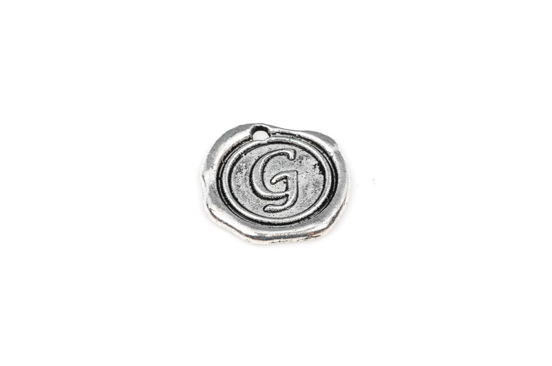 6 Letter G Wax Seal Charms, Monogram Initial Alphabet Stamped, antique silver metal,  18mm, 3/4" diameter  chs1926