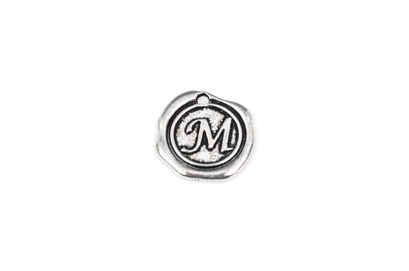 6 Letter M Wax Seal Charms, Monogram Initial Alphabet Stamped, antique silver metal,  18mm, 3/4" diameter chs1932