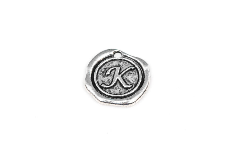 6 Letter K Wax Seal Charms, Monogram Initial Alphabet Stamped, antique silver metal,  18mm, 3/4" diameter chs1930