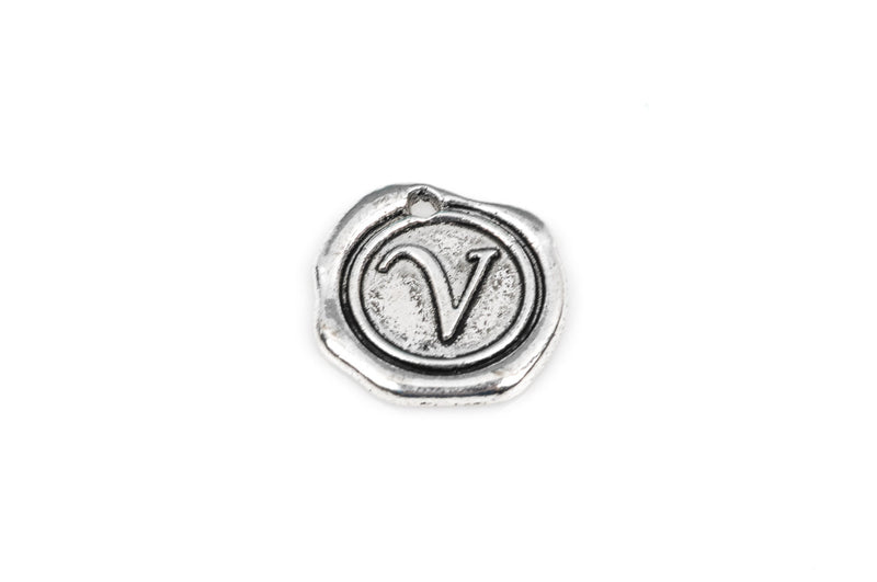 6 Letter V Wax Seal Charms, Monogram Initial Alphabet Stamped, antique silver metal,  18mm, 3/4" diameter chs1941