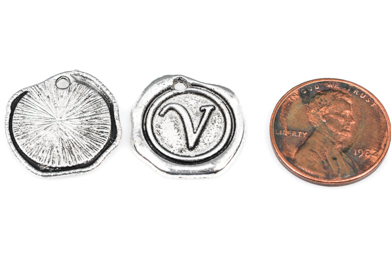 6 Letter V Wax Seal Charms, Monogram Initial Alphabet Stamped, antique silver metal,  18mm, 3/4" diameter chs1941