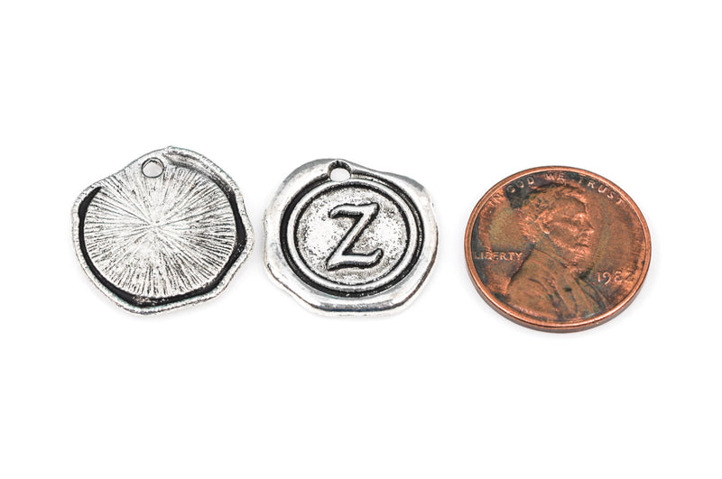 6 Letter Z Wax Seal Charms, Monogram Initial Alphabet Stamped, antique silver metal,  18mm, 3/4" diameter chs1945
