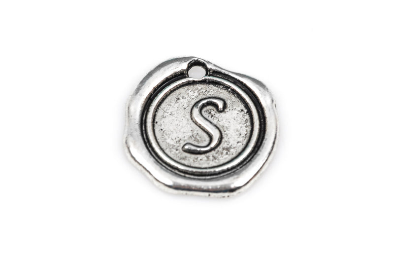 6 Letter S Wax Seal Charms, Monogram Initial Alphabet Stamped, antique silver metal,  18mm, 3/4" diameter chs1938