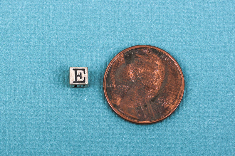 Alphabet LETTER E Sterling Silver Alphabet Block Bead, Square Cube, 4.5mm, pms0346