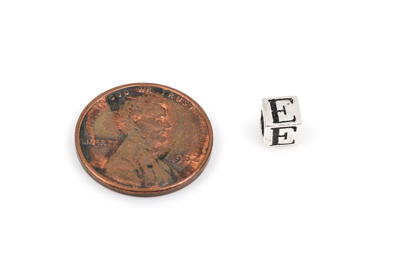 Alphabet LETTER E Sterling Silver Alphabet Block Bead, Square Cube, 4.5mm, pms0346