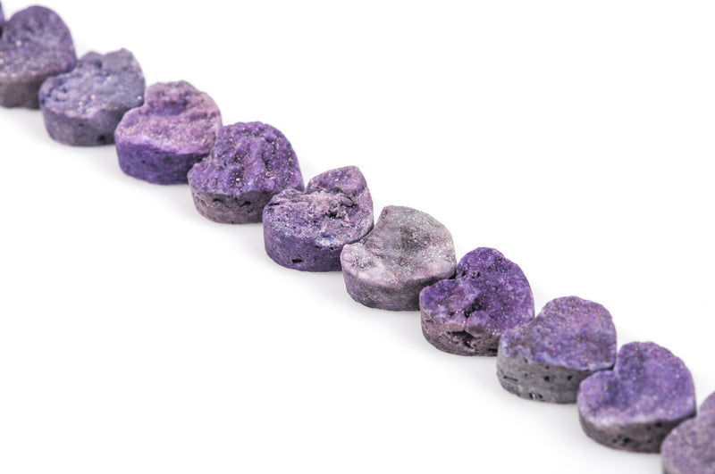 4 Purple DRUZY Natural GEMSTONE Quartz Beads, HEART, 12mm, 1/2", agate rock crystal, flatback with hole, Geode Cabochon, gdz0094