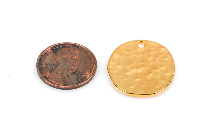 5 Gold Circle Oval Charm Pendants, hammered metal, bright gold plated, about 1" diameter chg0282