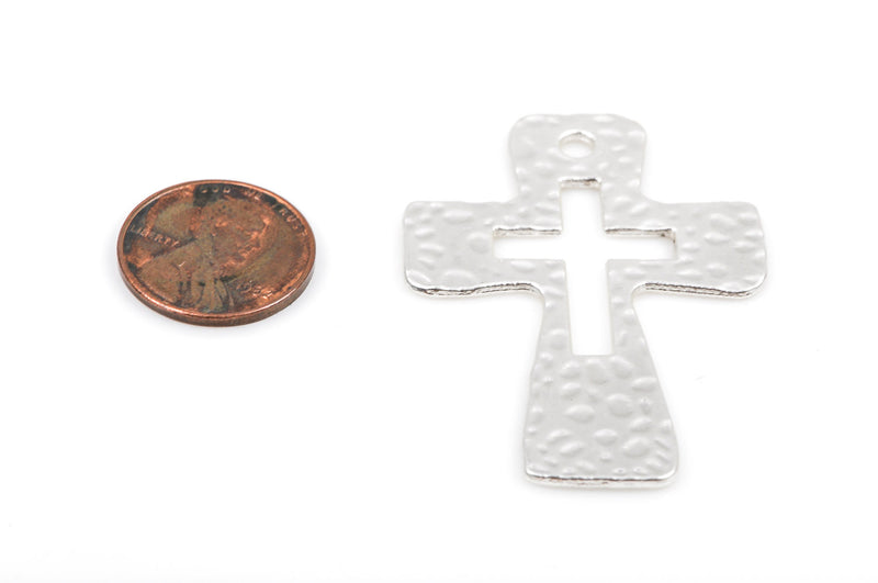 2 Hammered Silver Cross Pendant Charms, matte finish, large 2" long chs1947