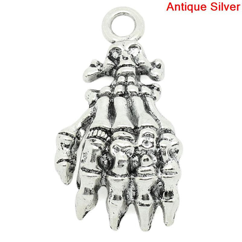 5 Antique Tibetan Silver SKELETON HAND Gothic Charm Pendants for Halloween . 38mm x 21mm chs0629