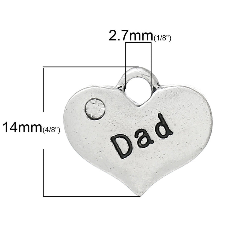 1 Dad Charms, Dad Heart Pendant, Antique Silver Rhinestone  17x15mm  chs1960a