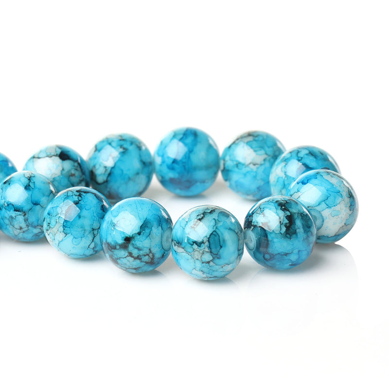 14mm Round Glass Beads, Turquoise Blue, Black, White Watercolor Beads, double strand, marble glass beads, bgl1264