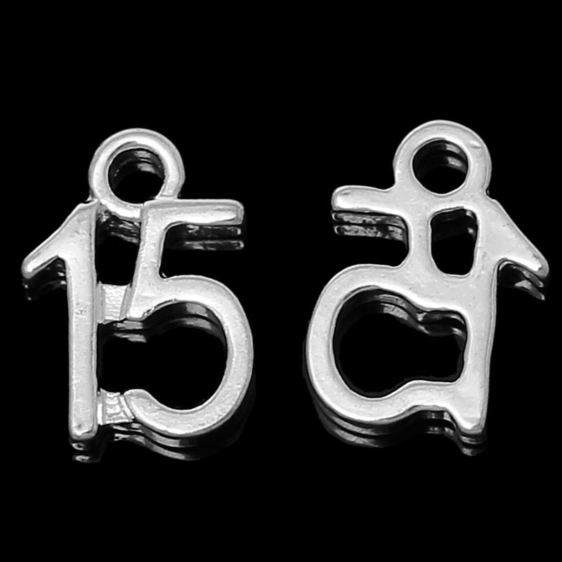 6 Number 15 Charms, Silver Plated Pendants, number FIFTEEN, chs1976